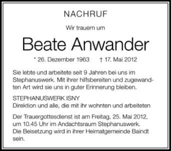 Anzeige von Beate Anwander von Schwäbische Zeitung