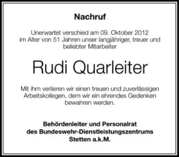 Anzeige von Rudi Quarleiter von Schwäbische Zeitung