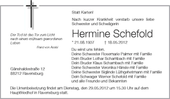 Anzeige von Hermine Schefold von Schwäbische Zeitung