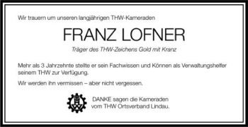 Anzeige von Franz Lofner von Schwäbische Zeitung