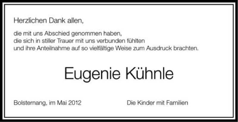  Traueranzeige für Eugenie Kühnle vom 05.05.2012 aus Schwäbische Zeitung
