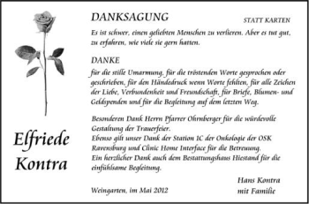 Anzeige von Elfriede Kontra von Schwäbische Zeitung