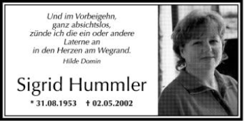 Anzeige von Sigrid Hummler von Schwäbische Zeitung