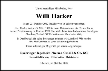 Anzeige von Willi HAcker von Schwäbische Zeitung