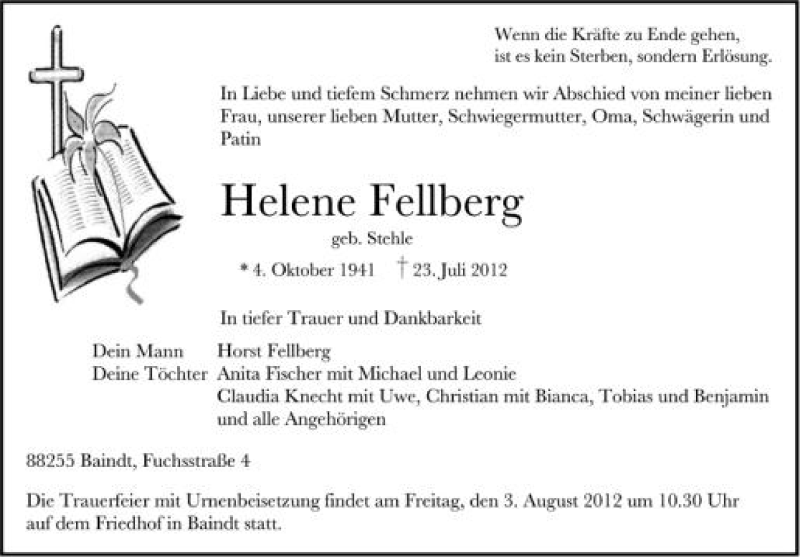  Traueranzeige für Helene Fellberg vom 31.07.2012 aus Schwäbische Zeitung