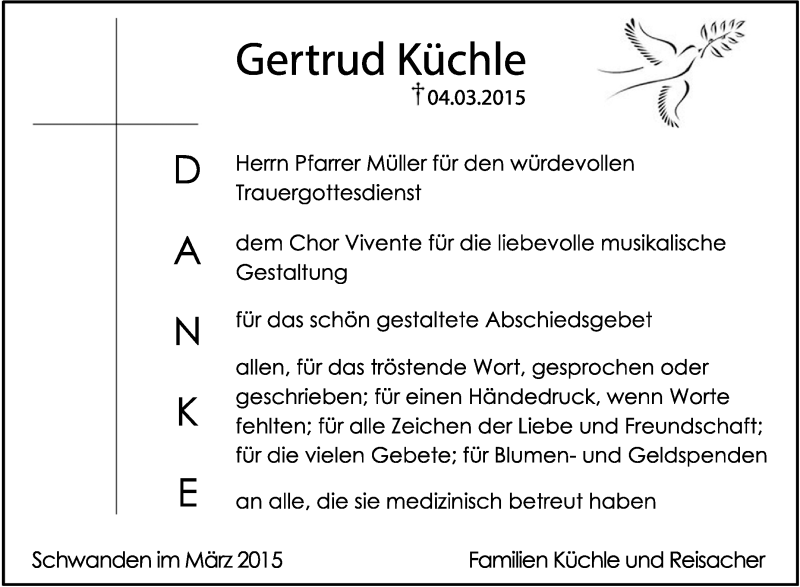  Traueranzeige für Gertrud Küchle vom 21.03.2015 aus Schwäbische Zeitung