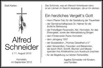Anzeige von Alfred Schneider von Schwäbische Zeitung