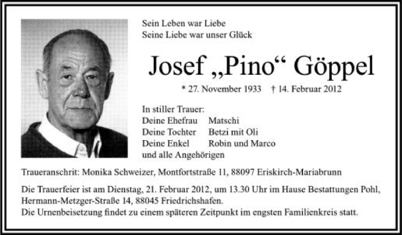  Traueranzeige für Josef ,,Pino