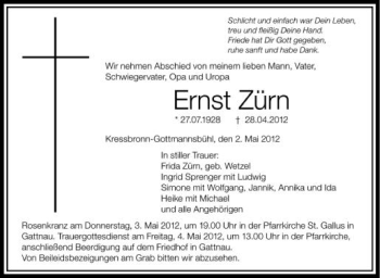 Anzeige von Ernst Zürn von Schwäbische Zeitung