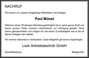 Anzeige von Paul Münst von Schwäbische Zeitung