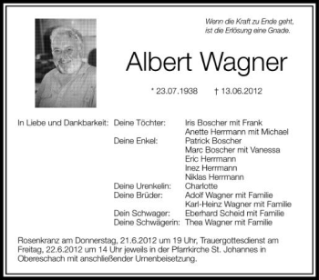 Anzeige von Albert Wagner von Schwäbische Zeitung