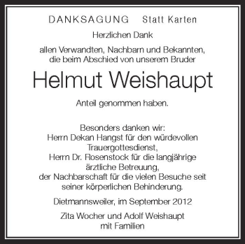 Anzeige von Helmut Weishaupt von Schwäbische Zeitung