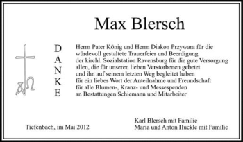 Anzeige von Max Blersch von Schwäbische Zeitung