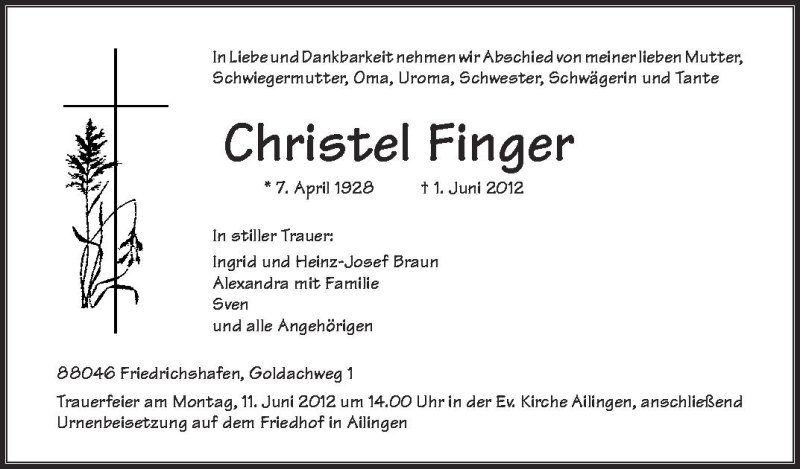 Traueranzeige für Christel Finger vom 05.06.2012 aus Schwäbische Zeitung