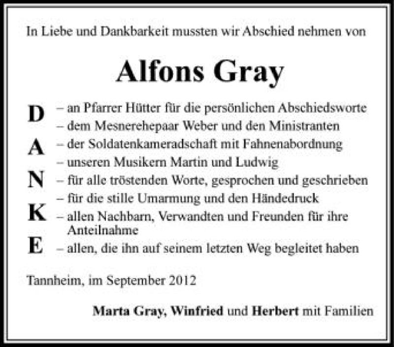  Traueranzeige für Alfons Gray vom 22.09.2012 aus Schwäbische Zeitung