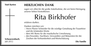 Anzeige von Rita Birkenhofer von Schwäbische Zeitung