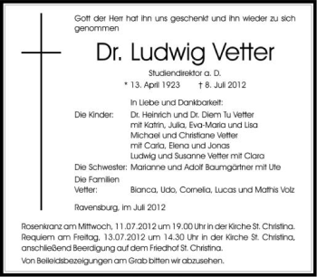 Anzeige von Ludwig Vetter von Schwäbische Zeitung