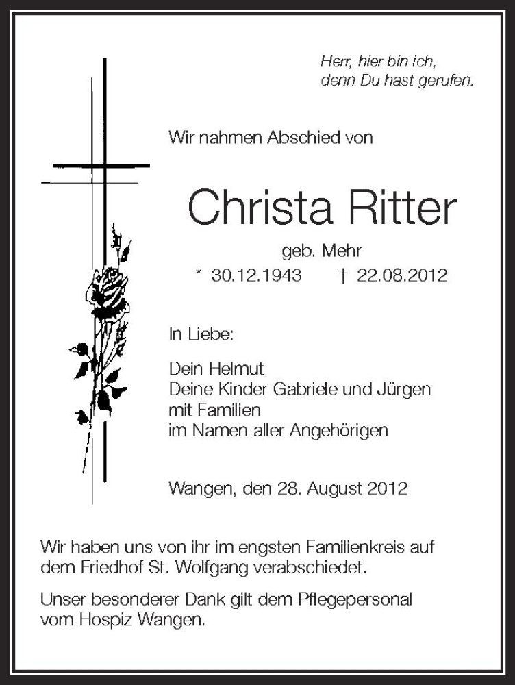  Traueranzeige für Christa Ritter vom 28.08.2012 aus Schwäbische Zeitung
