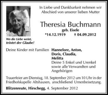 Anzeige von Theresia Buchmannn von Schwäbische Zeitung