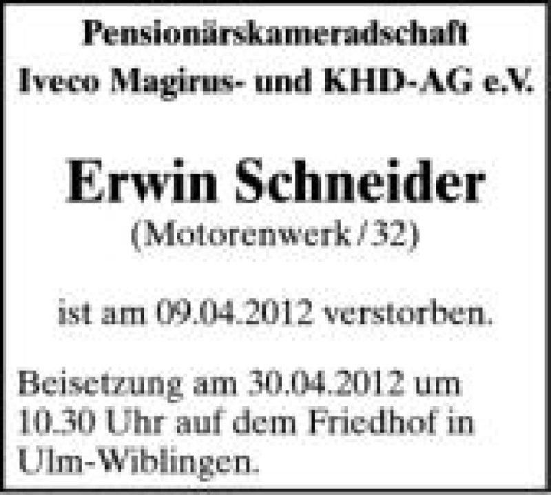  Traueranzeige für Erwin Schneider vom 27.04.2012 aus Schwäbische Zeitung
