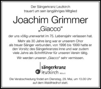 Anzeige von Joachim Grimmer von Schwäbische Zeitung