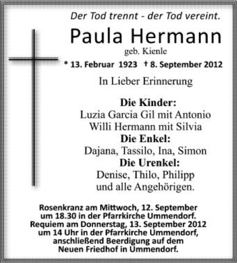  Traueranzeige für Paula Hermann vom 11.09.2012 aus Schwäbische Zeitung