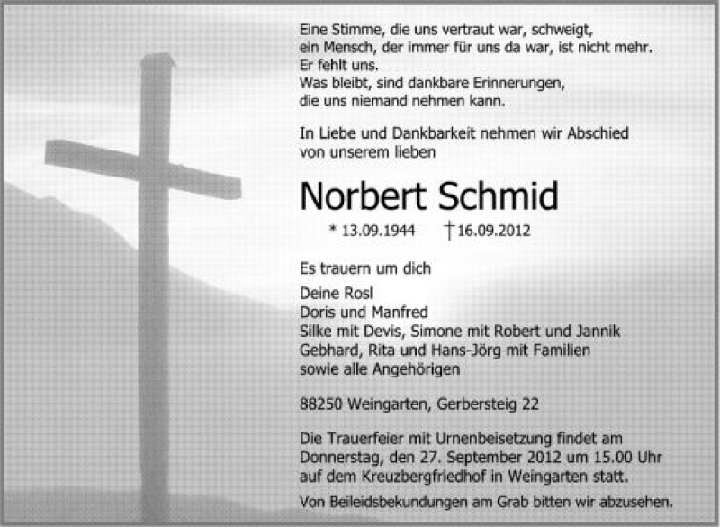  Traueranzeige für Norbert Schmid vom 24.09.2012 aus Schwäbische Zeitung