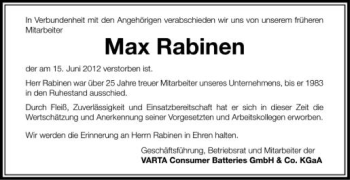 Anzeige von Max Rabinen von Schwäbische Zeitung