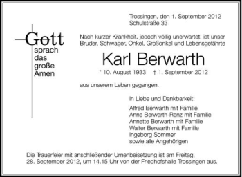 Anzeige von Karl Berwarth von Schwäbische Zeitung