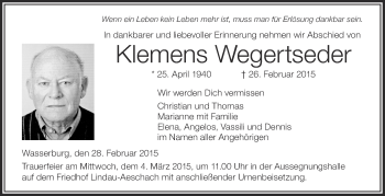 Anzeige von Klemens Wegertseder von Schwäbische Zeitung