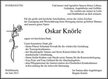 Anzeige von Oskar Knörle von Schwäbische Zeitung