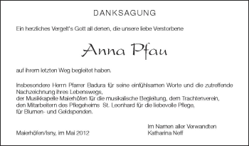 Anzeige von Anna Pfau von Schwäbische Zeitung