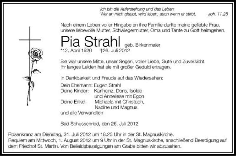  Traueranzeige für Pia Strahl vom 30.07.2012 aus Schwäbische Zeitung