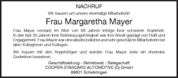 Anzeige von Margarethe Mayer von Schwäbische Zeitung