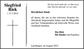 Anzeige von Siegfried Riek von Schwäbische Zeitung