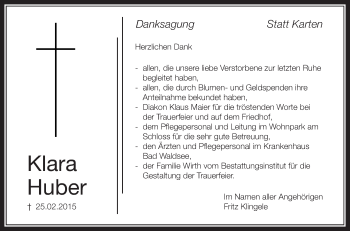 Anzeige von Klara Huber von Schwäbische Zeitung