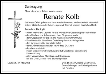 Anzeige von Renate Kolb von Schwäbische Zeitung