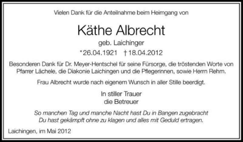  Traueranzeige für Käthe Albrecht vom 11.05.2012 aus Schwäbische Zeitung
