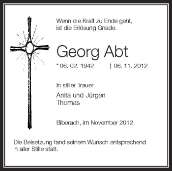 Anzeige von Georg Abt von Schwäbische Zeitung