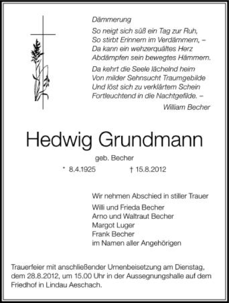  Traueranzeige für Hedwig Grundmann vom 25.08.2012 aus Schwäbische Zeitung