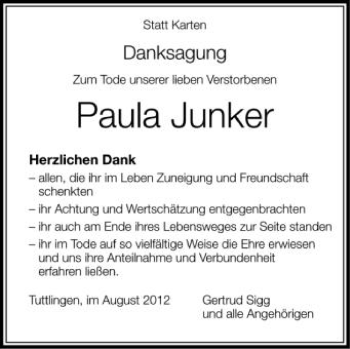 Anzeige von Paula Junker von Schwäbische Zeitung