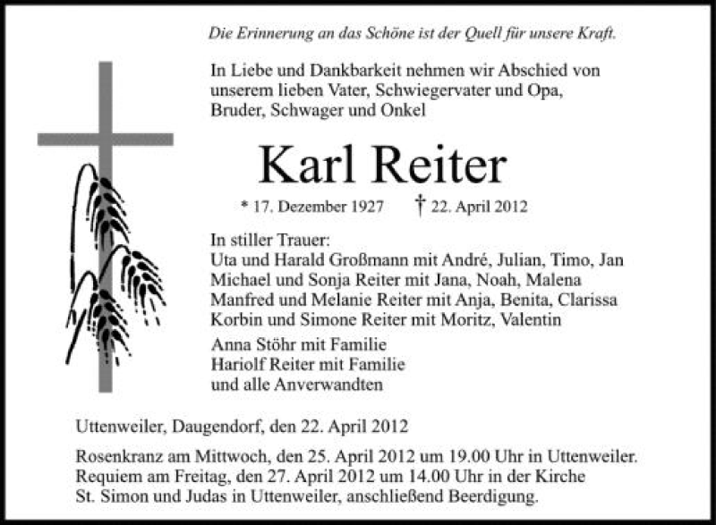  Traueranzeige für Karl Reiter vom 25.04.2012 aus Schwäbische Zeitung