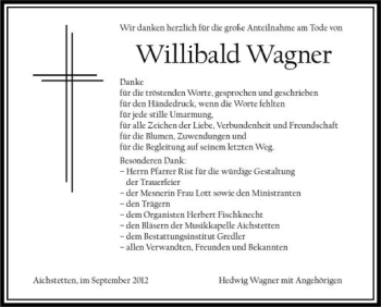Anzeige von Willibald Wagner von Schwäbische Zeitung