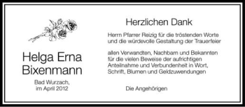 Anzeige von Helga Erna Bixenmann von Schwäbische Zeitung