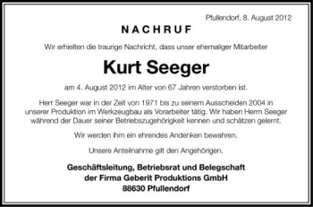 Anzeige von Kurt Seeger von Schwäbische Zeitung