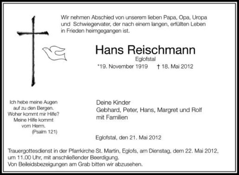  Traueranzeige für Hans Reischmann vom 21.05.2012 aus Schwäbische Zeitung