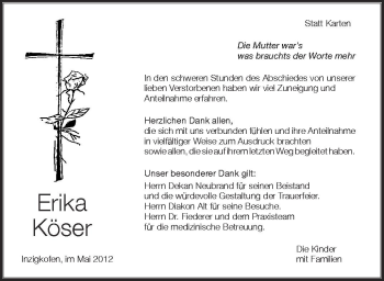 Anzeige von Erika Köser von Schwäbische Zeitung