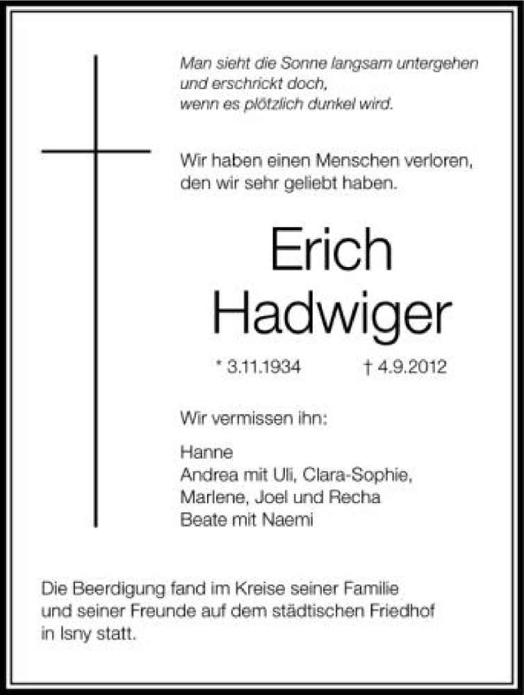  Traueranzeige für Erich Hadwiger vom 15.09.2012 aus Schwäbische Zeitung