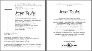 Anzeige von Josef Teufel von Schwäbische Zeitung