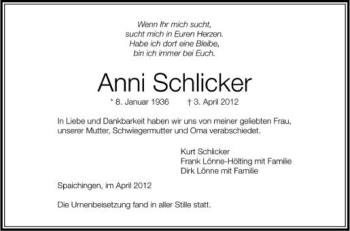 Anzeige von Anni Schlicker von Schwäbische Zeitung